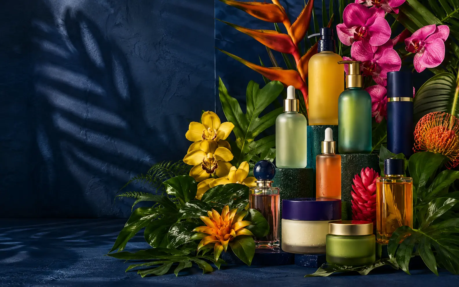 Cosméticos entre folhagens e flores tropicais brasileiras